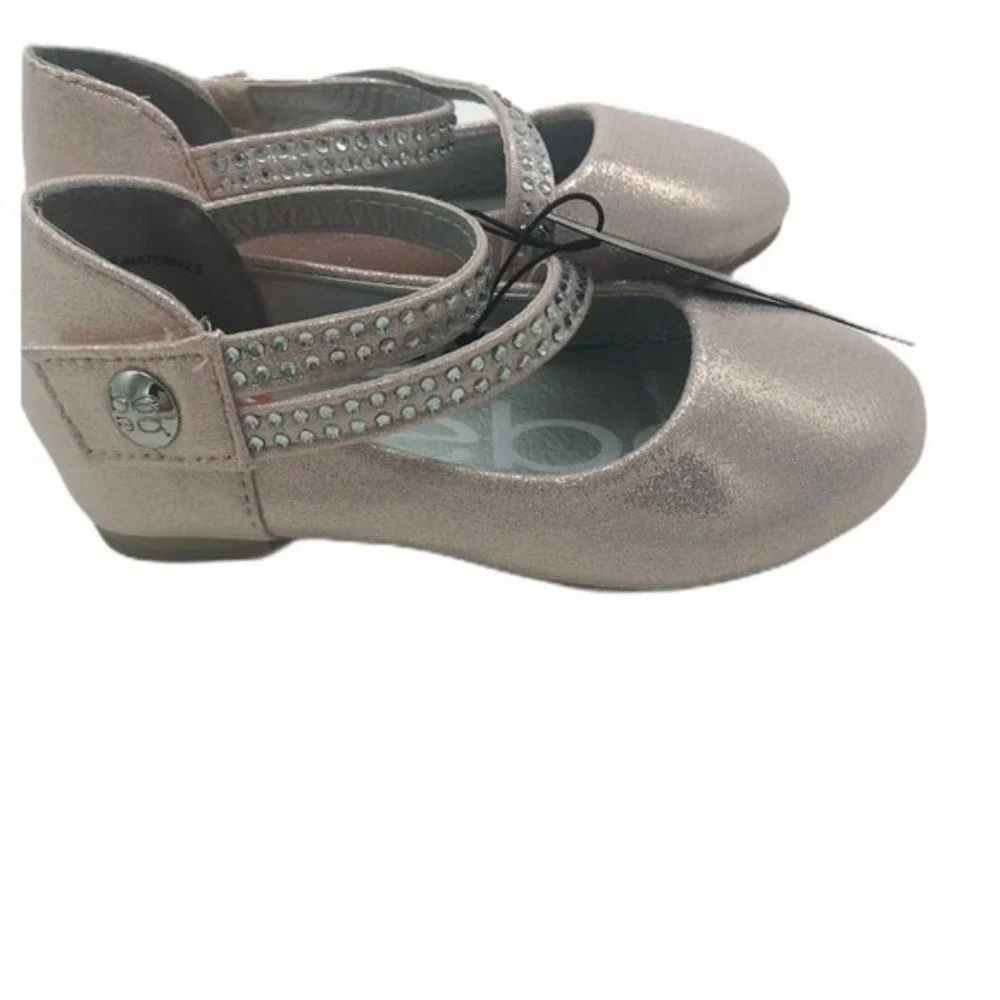 Bebe Girls Rose Gold Metallic‎ Rhinestone Dress Shoes Size 7 Toddler